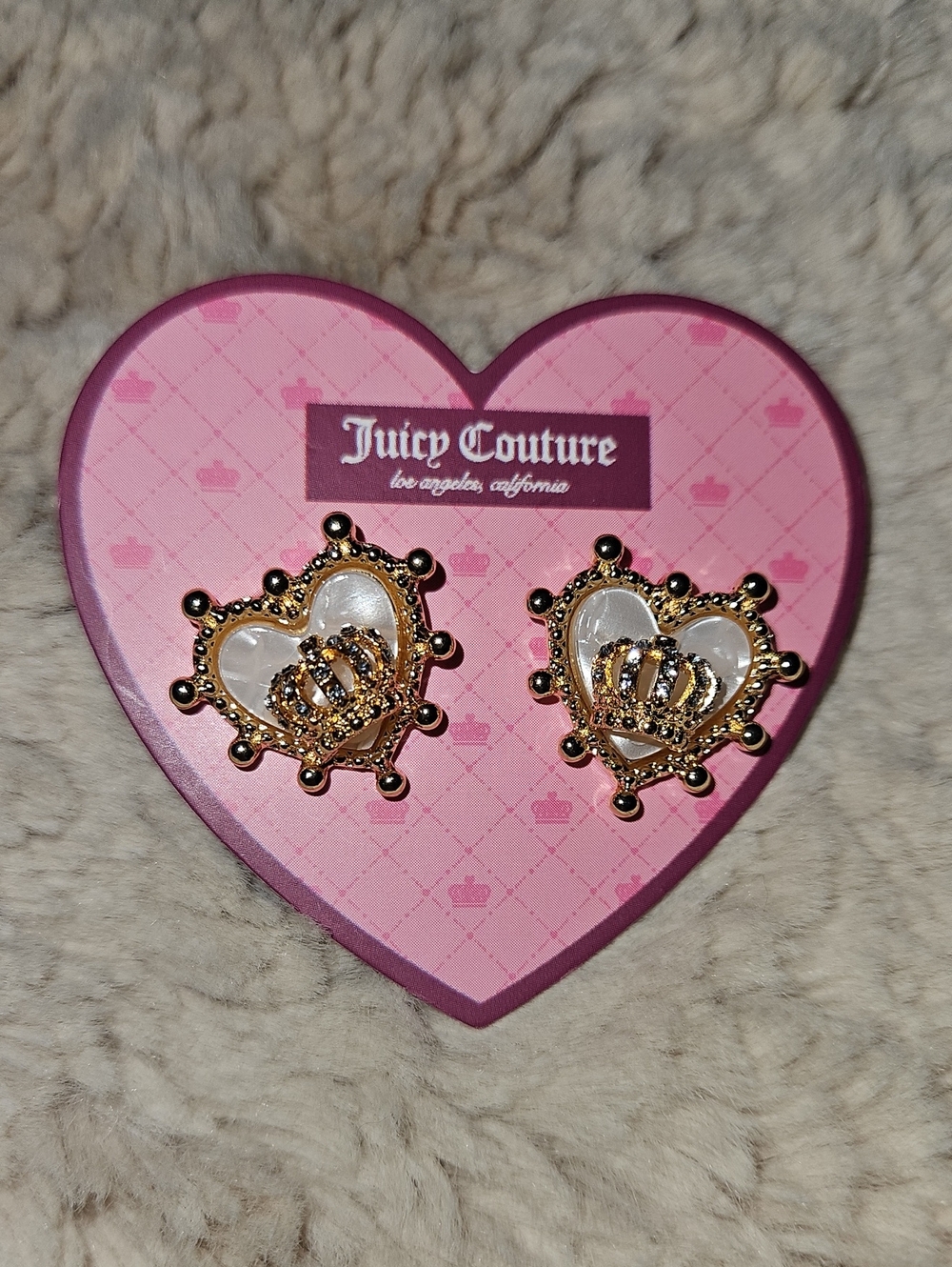 Juicy Couture Gold and White Crown Heart Stud Earrings